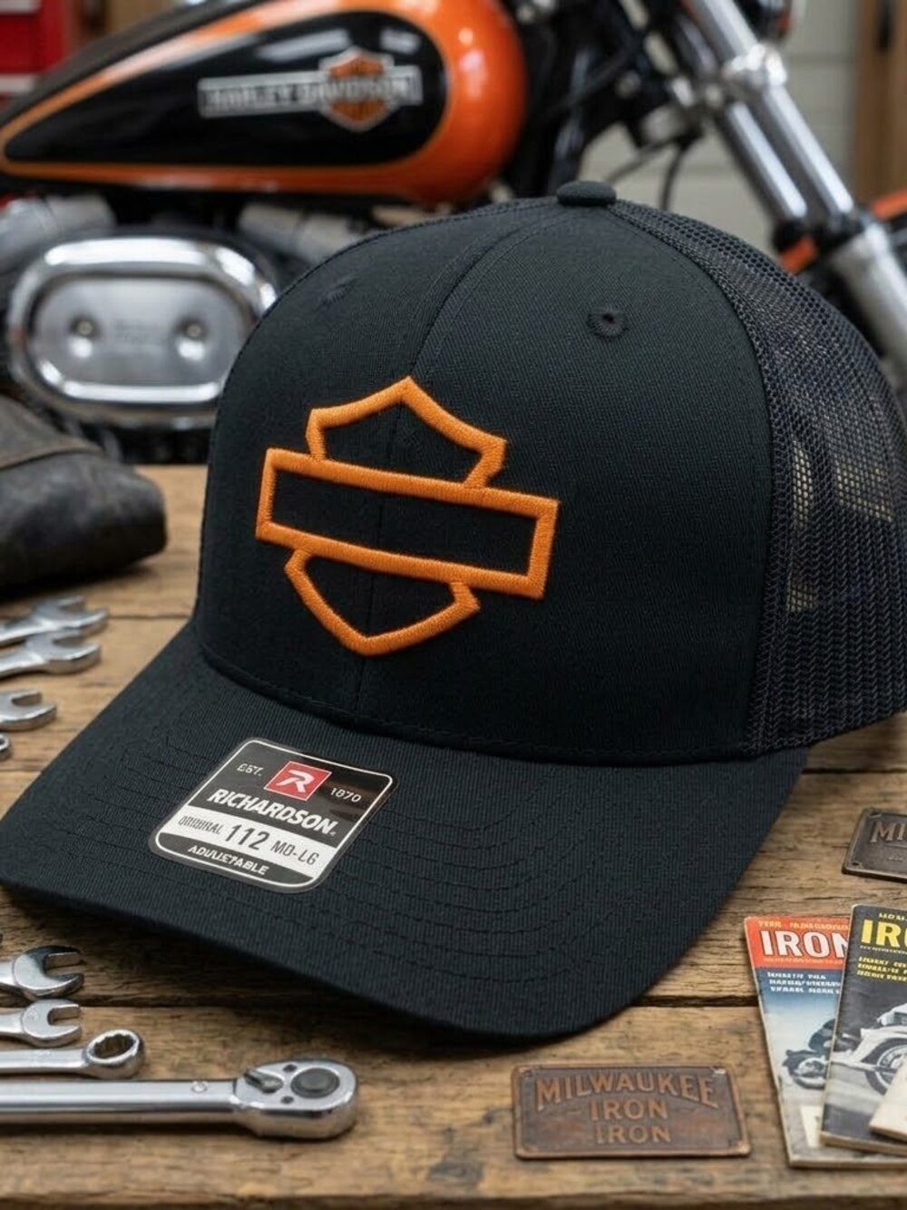 Harley Davidson Hat Bar Shield Logo Embroidered Richardson 112 Black Orange Cap